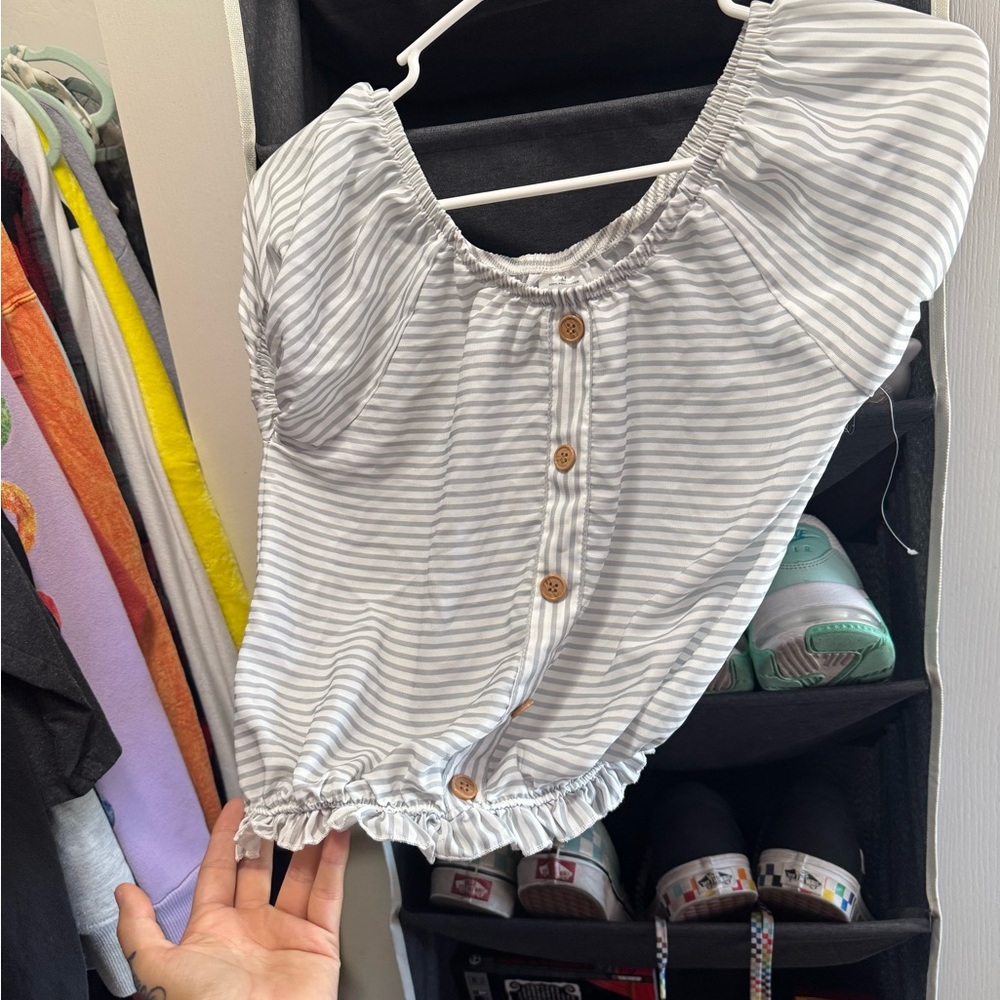 Striped Gray Button-Down Women's Top